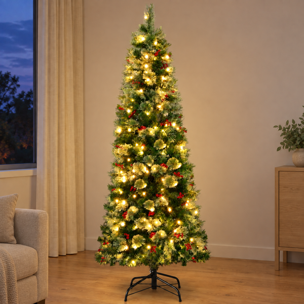 6FT Slim Pre-Lit Christmas Tree with 200 Warm White LEDs & Red Berries