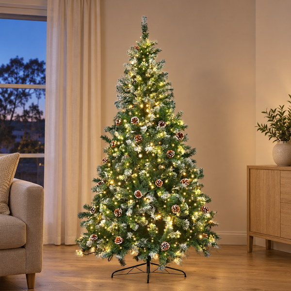 6FT Pre-Lit Snow-Tipped Christmas Tree with Pine Cones & 250 LEDs