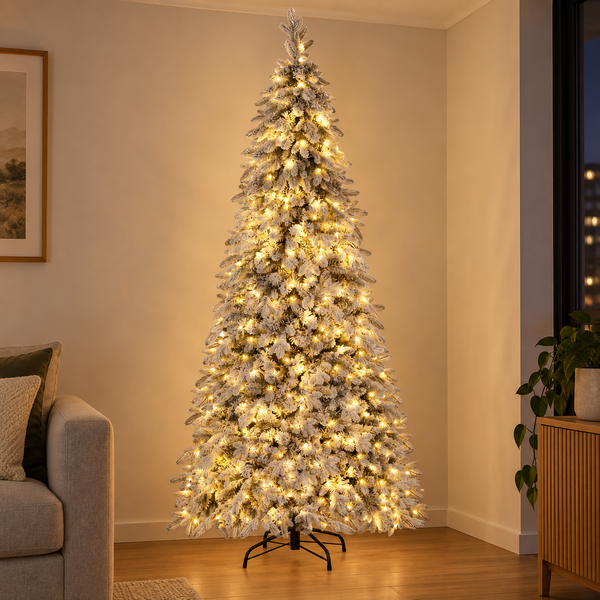 7FT Snow-Flocked Pencil Christmas Tree with 350 LED Lights