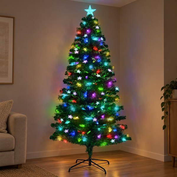 7FT Pre-Lit Fibre Optic Christmas Tree with Light-Up Stars