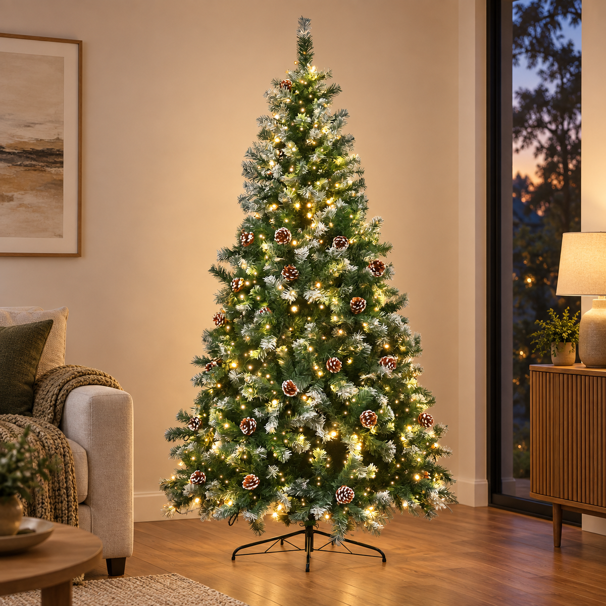 5FT Pre-Lit Snow-Tipped Christmas Tree with Pine Cones & 200 LEDs