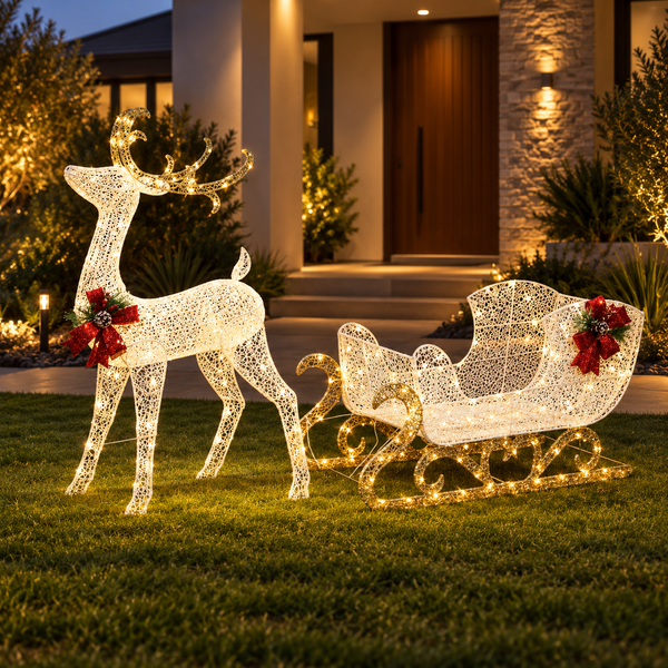 Light-Up Reindeer & Sleigh Set with 215 Warm White LEDs
