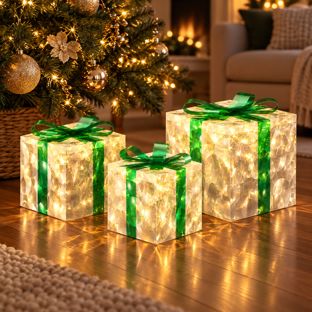 3 Piece Christmas Light Gift Boxes with 70 Warm White LEDs