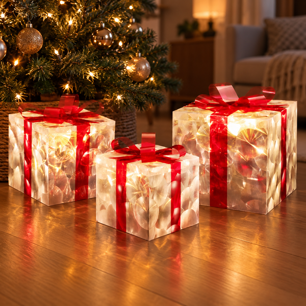 3 Piece Christmas Light Gift Boxes with 70 Warm White LEDs
