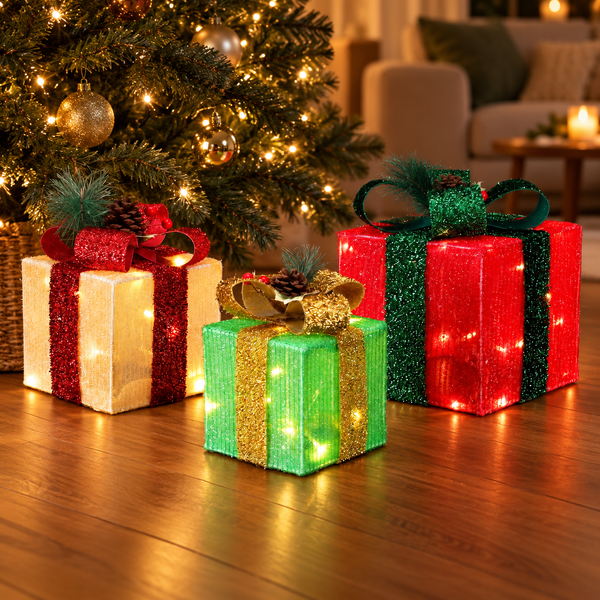 3 Piece Christmas Light Gift Boxes with 60 Warm White LEDs