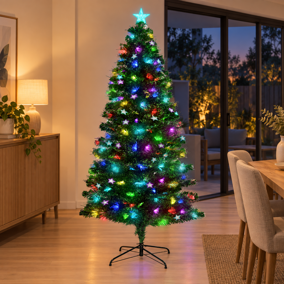 6FT Pre-Lit Fibre Optic Christmas Tree with Star Ornaments & Tree Topper