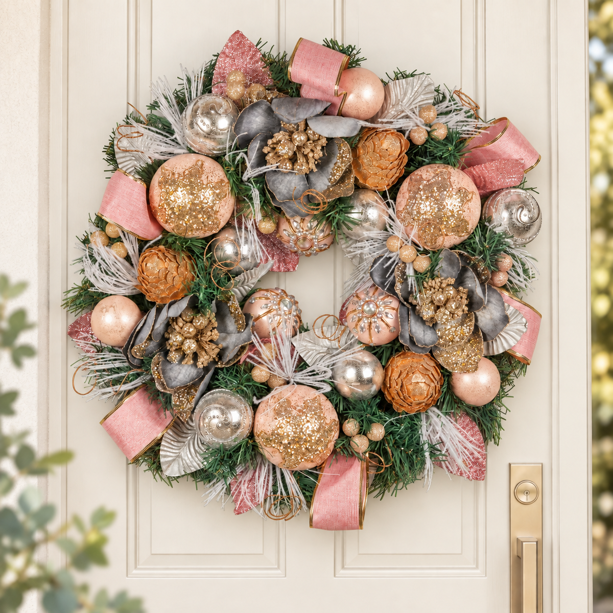 56CM Pre-Decorated Christmas Wreath with Jewelled Baubles, Flowers & Ribbons
