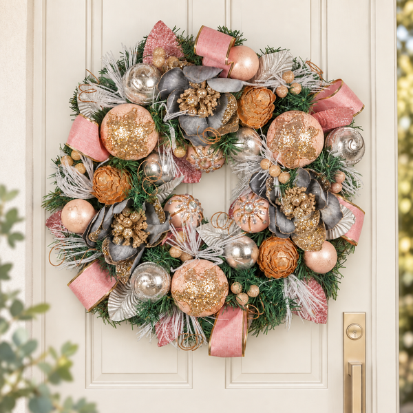 56CM Pre-Decorated Christmas Wreath with Jewelled Baubles, Flowers & Ribbons