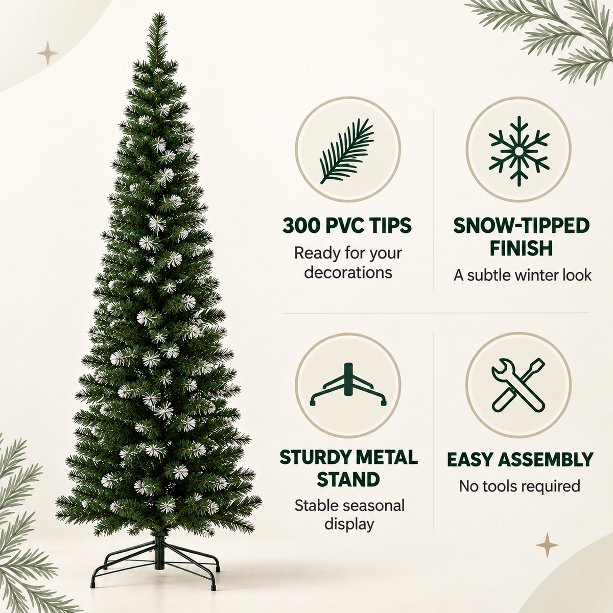 6FT Slim Snow-Tipped Christmas Tree with 300 Tips