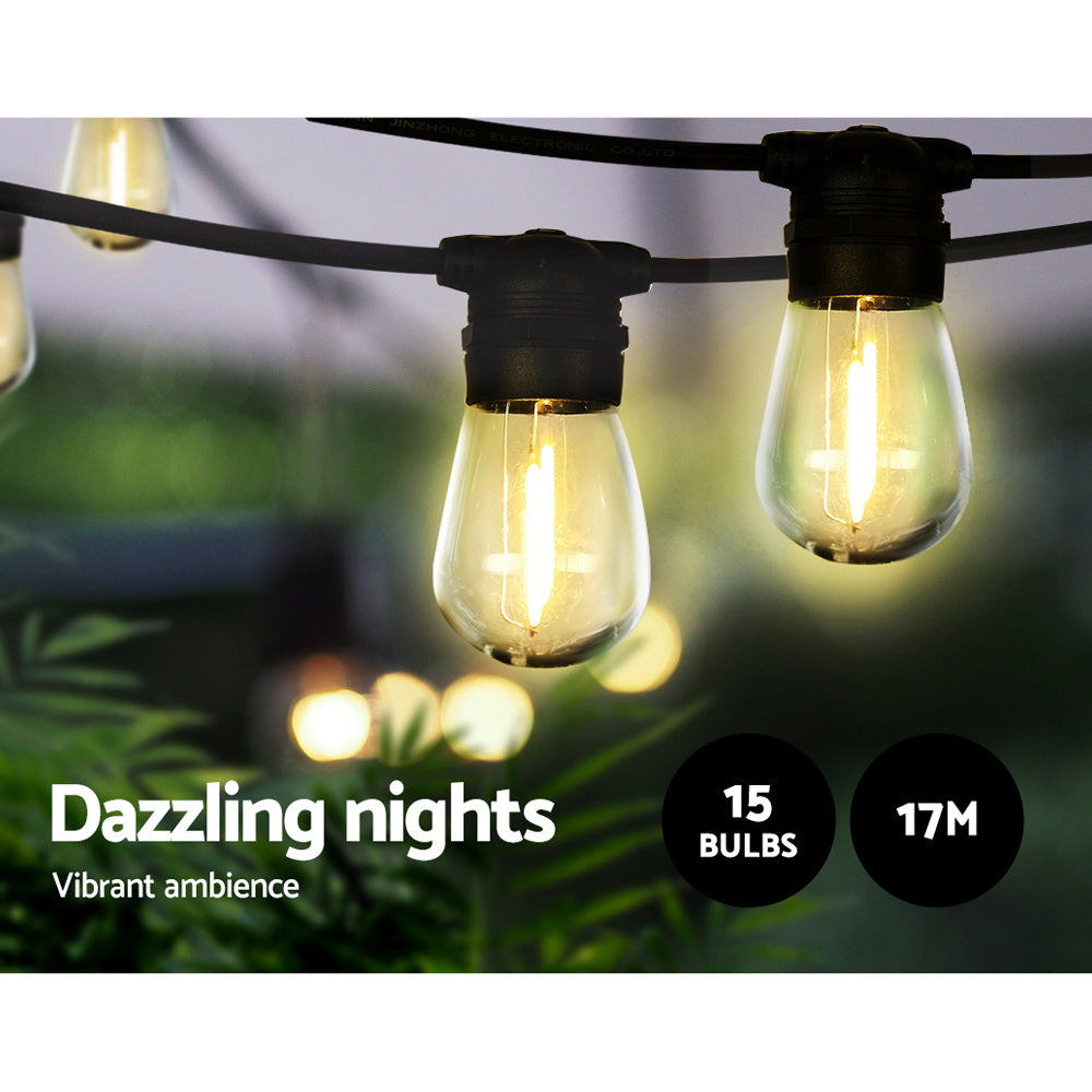 17M Solar Festoon String Lights – 15 Bulbs, Warm White