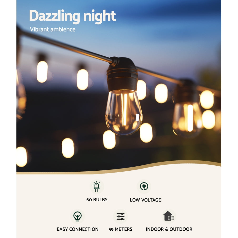 59M Solar Festoon String Lights with 60 Warm White Bulbs