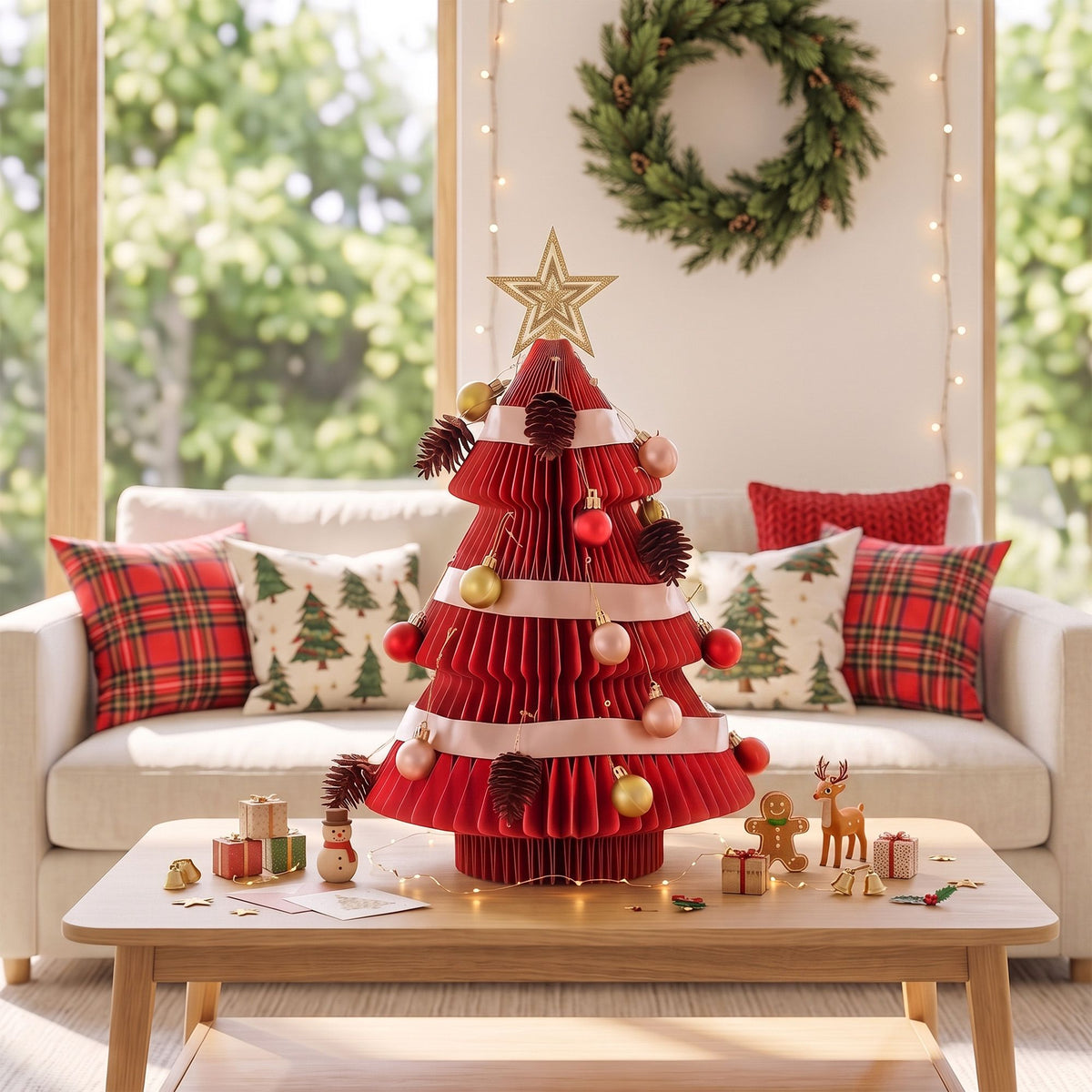 47CM Red Foldable Paper Christmas Tree with Star Topper & Ornament Set