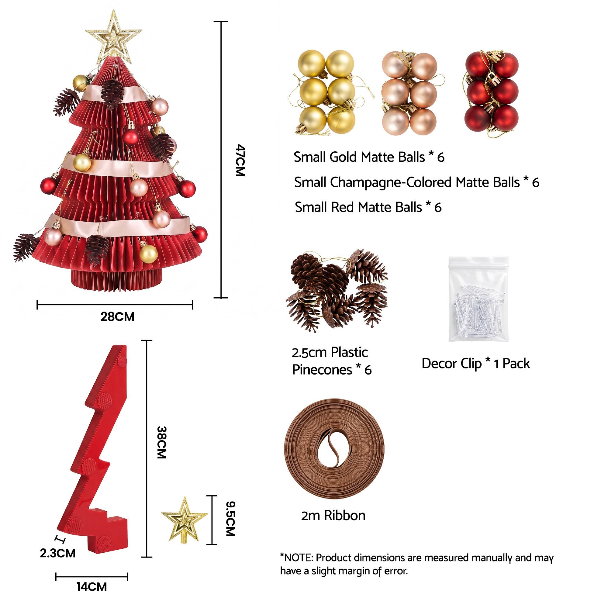 47CM Red Foldable Paper Christmas Tree with Star Topper & Ornament Set