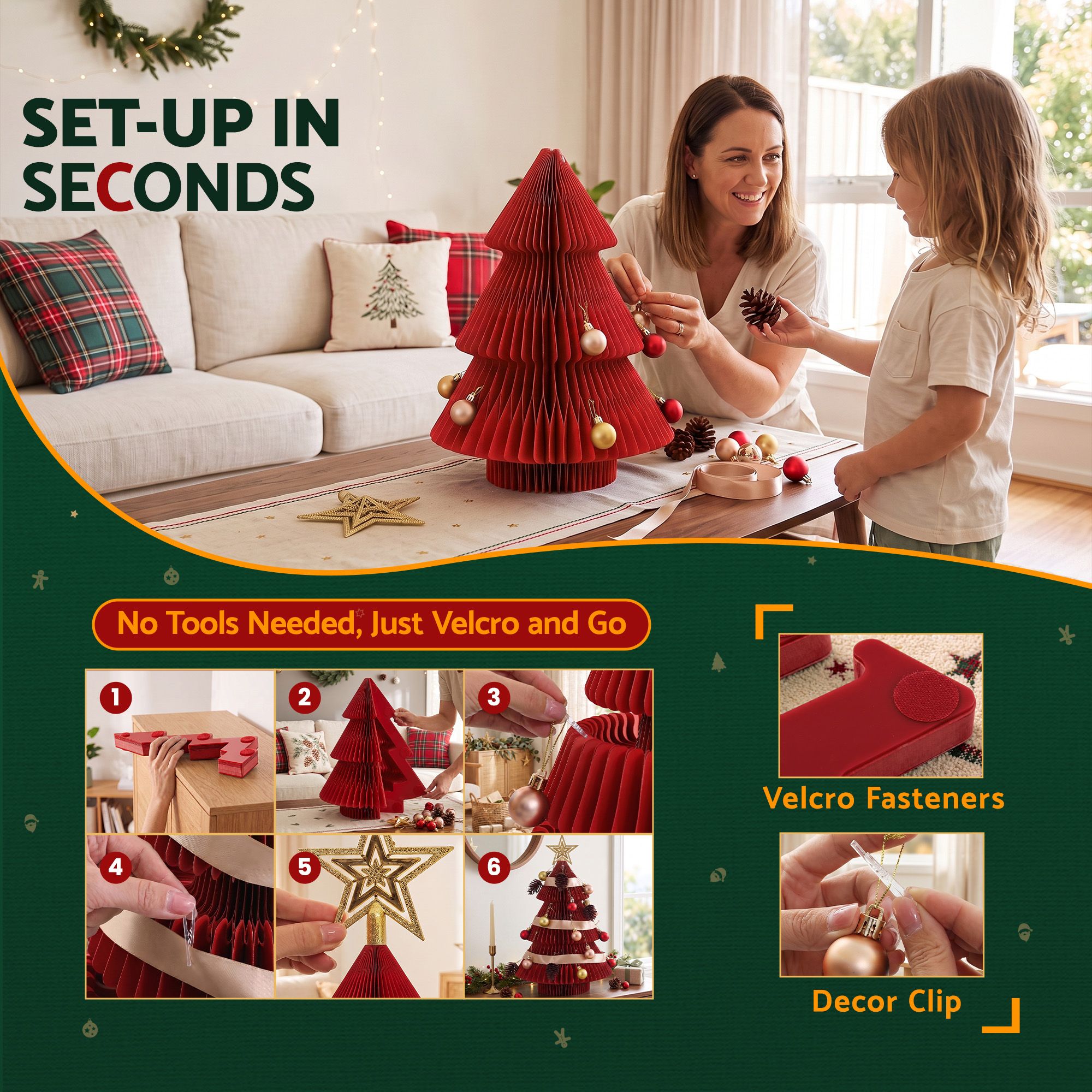 47CM Red Foldable Paper Christmas Tree with Star Topper & Ornament Set
