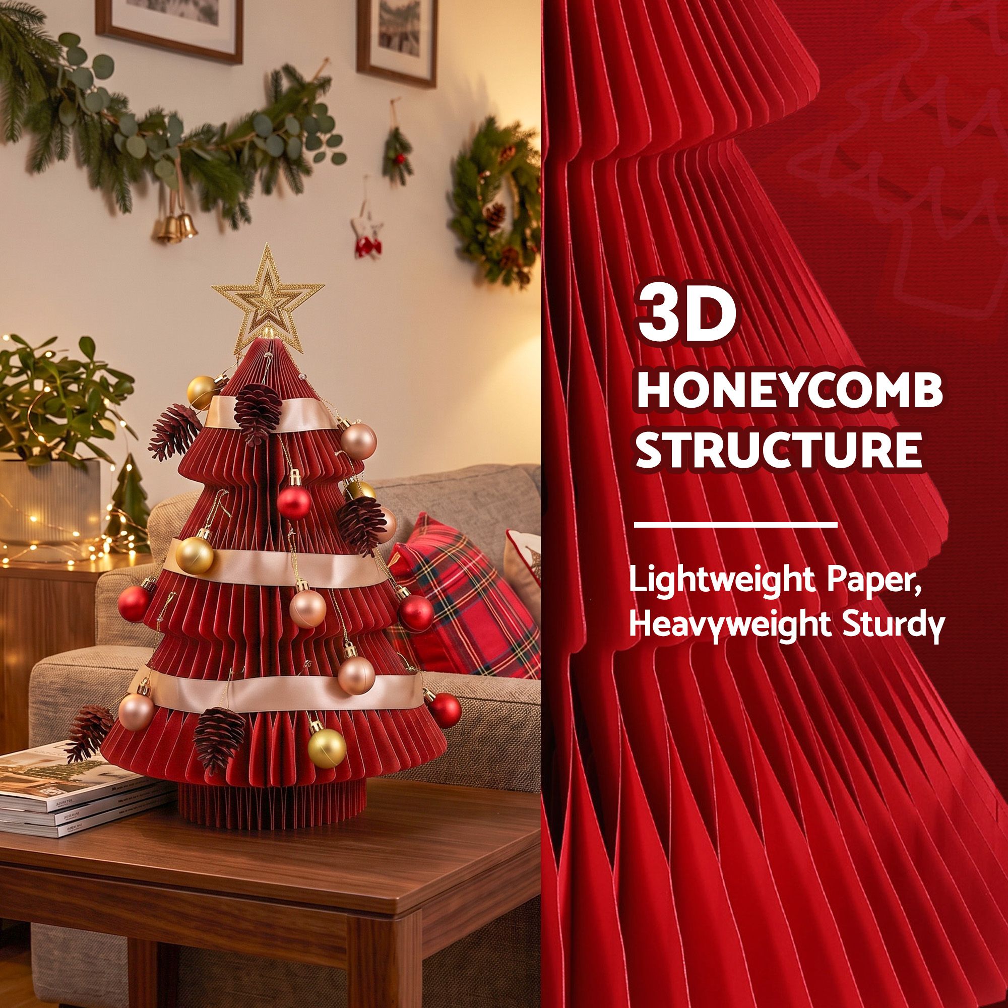 47CM Red Foldable Paper Christmas Tree with Star Topper & Ornament Set