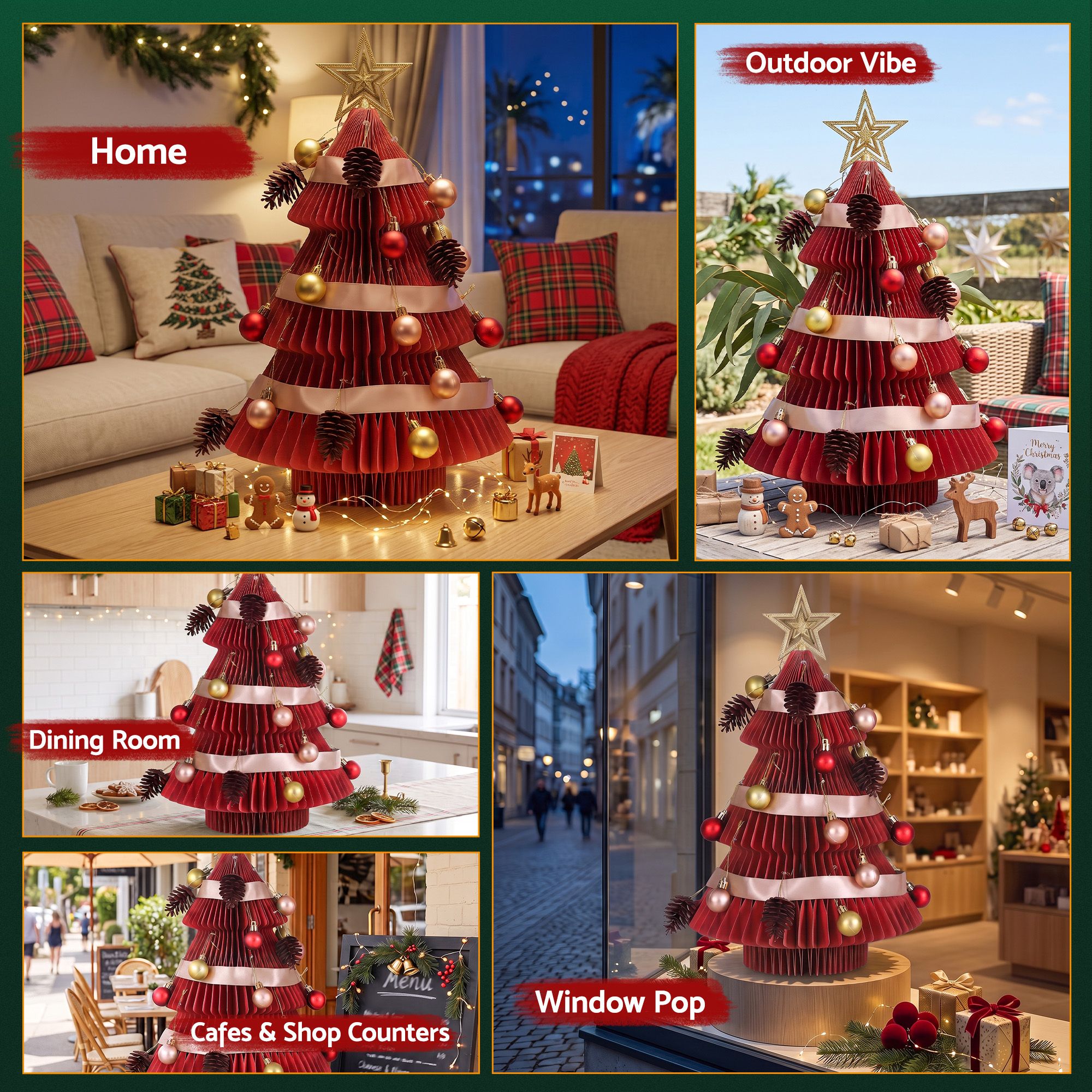 47CM Red Foldable Paper Christmas Tree with Star Topper & Ornament Set