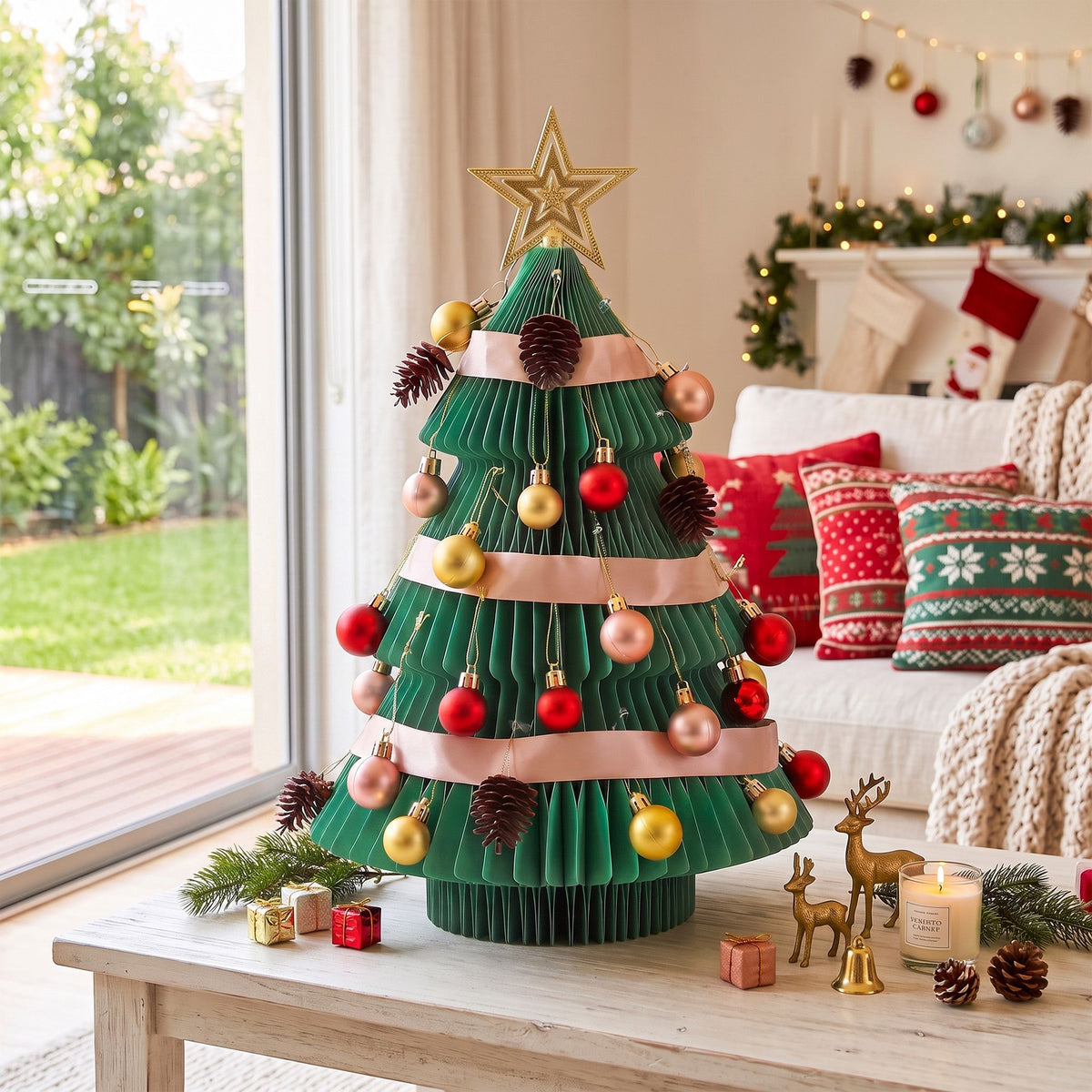 61CM Green Foldable Paper Christmas Tree with Star Topper & Ornament Set