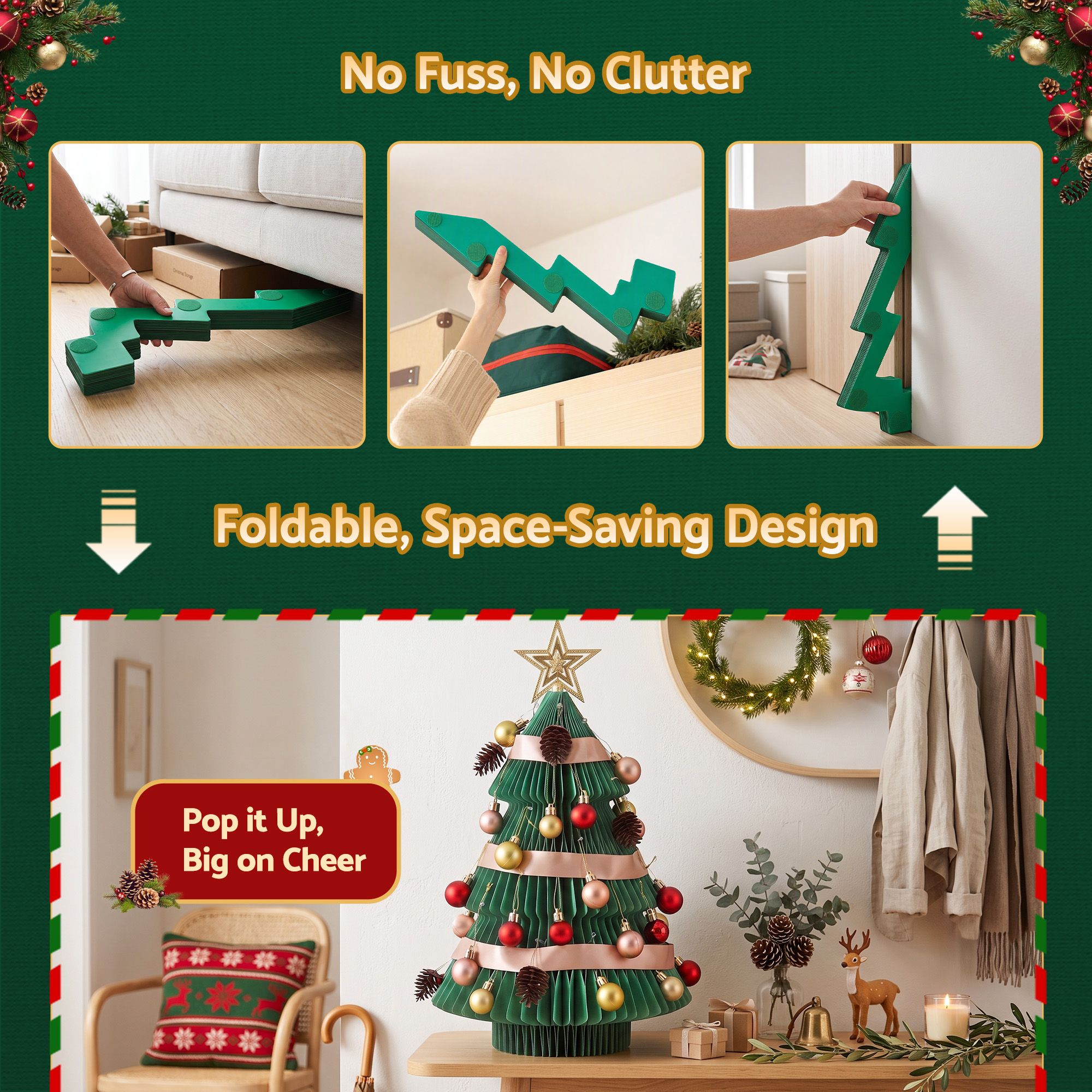 61CM Green Foldable Paper Christmas Tree with Star Topper & Ornament Set
