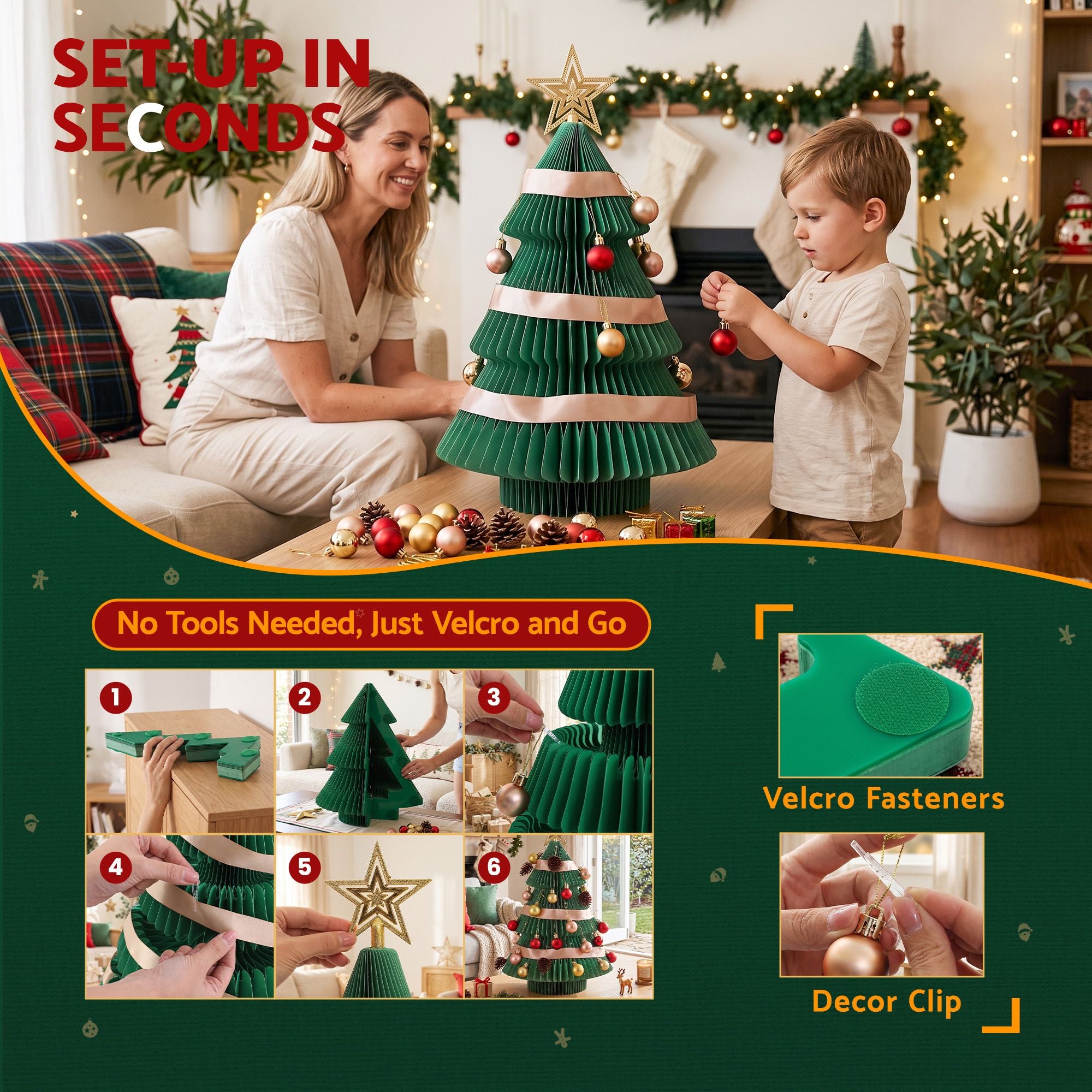61CM Green Foldable Paper Christmas Tree with Star Topper & Ornament Set
