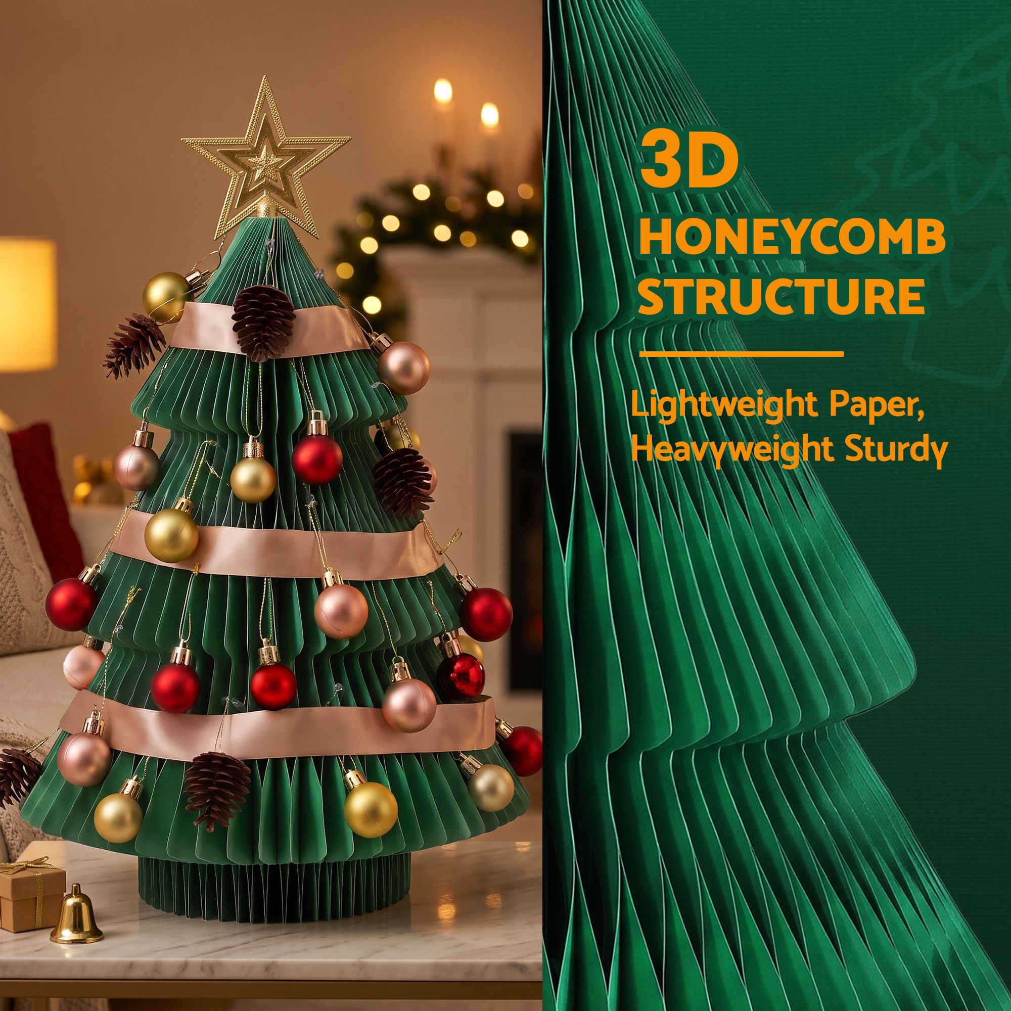 61CM Green Foldable Paper Christmas Tree with Star Topper & Ornament Set