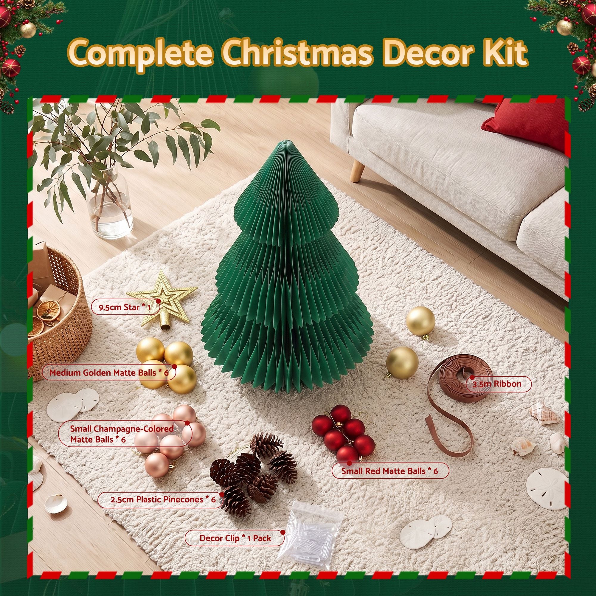 61CM Green Foldable Paper Christmas Tree with Star Topper & Ornament Set