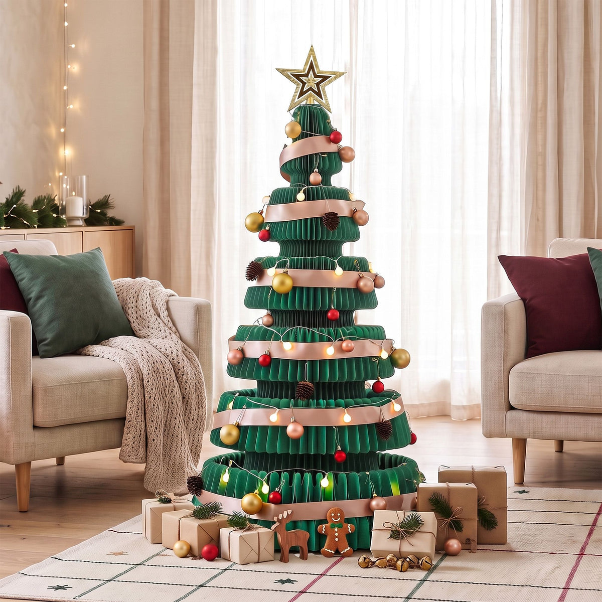 111CM Foldable Paper Christmas Tree with LED Lights, Star Topper & Ornament Kit
