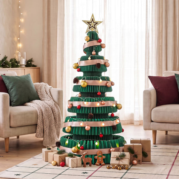 111CM Foldable Paper Christmas Tree with LED Lights, Star Topper & Ornament Kit