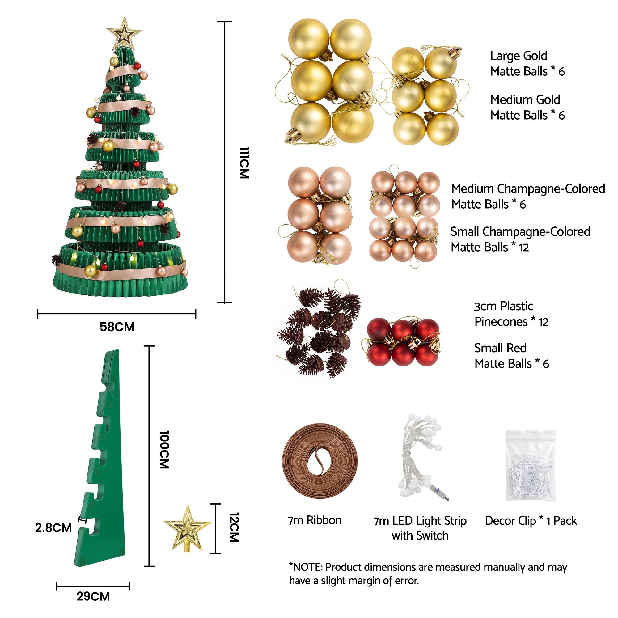 111CM Foldable Paper Christmas Tree with LED Lights, Star Topper & Ornament Kit