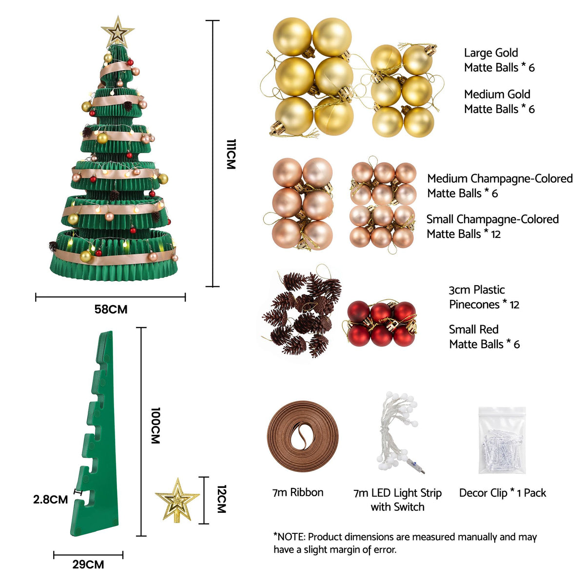 111CM Foldable Paper Christmas Tree with LED Lights, Star Topper & Ornament Kit