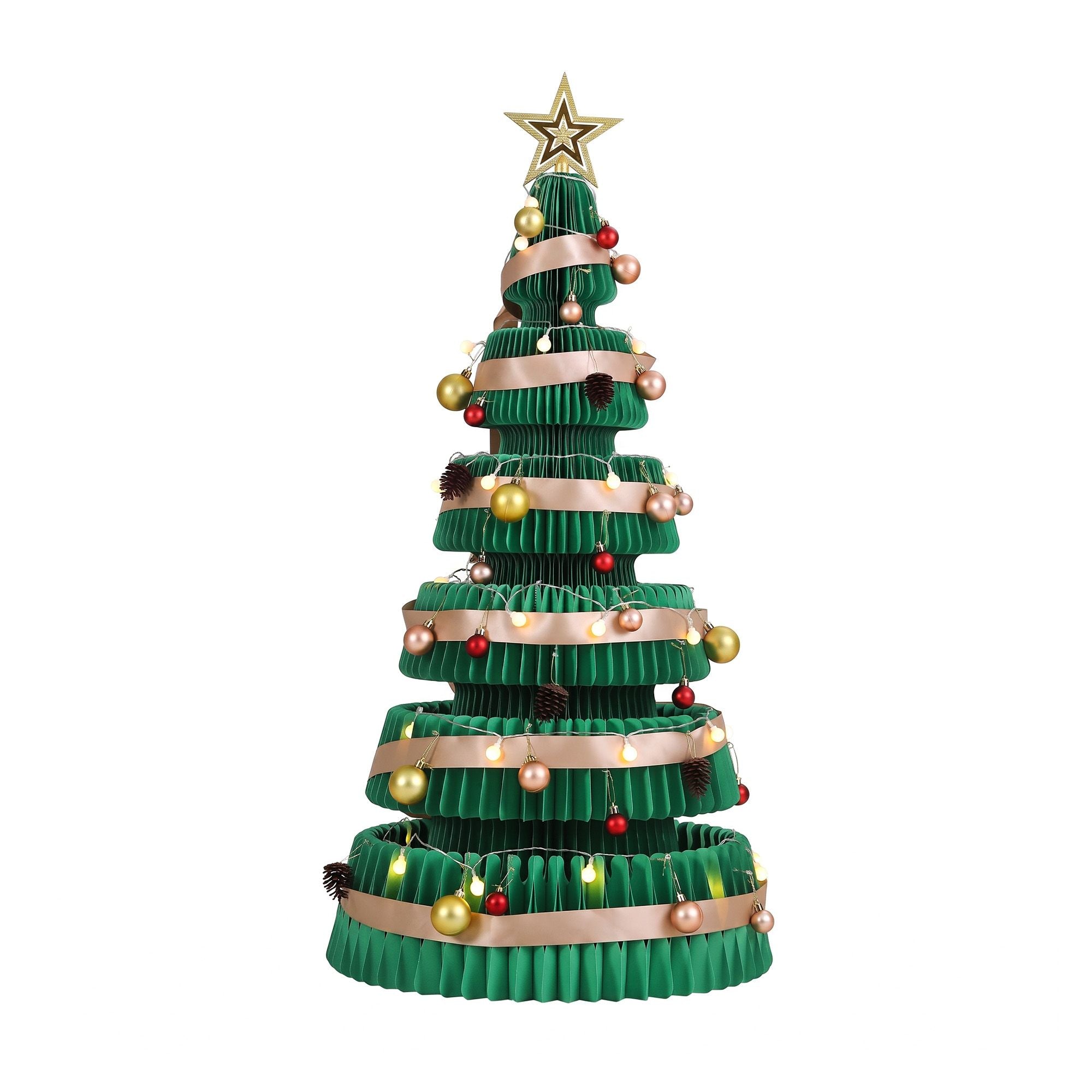 111CM Foldable Paper Christmas Tree with LED Lights, Star Topper & Ornament Kit