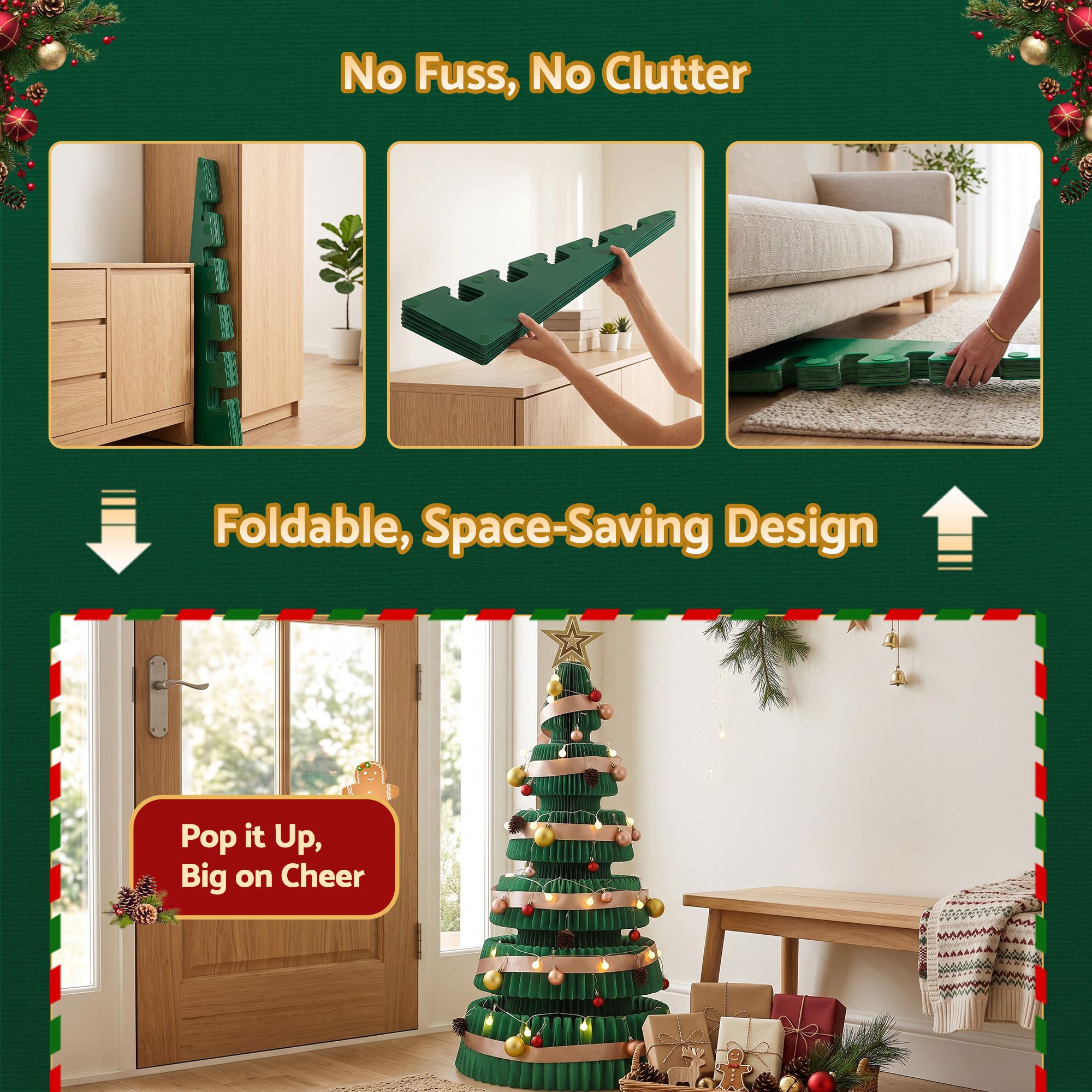 111CM Foldable Paper Christmas Tree with LED Lights, Star Topper & Ornament Kit