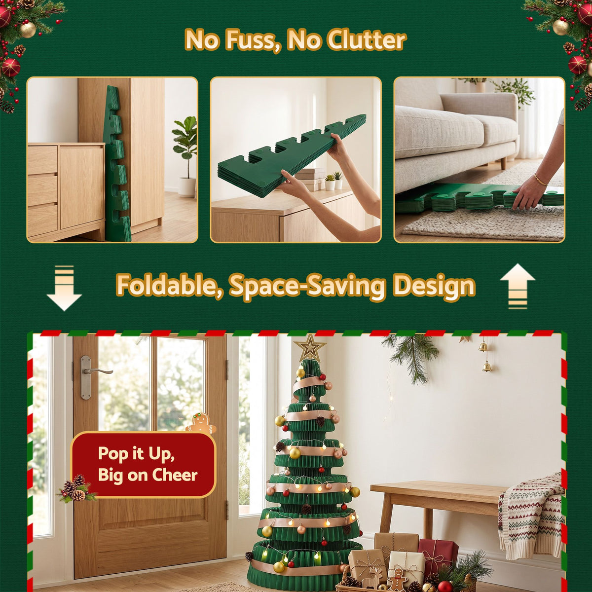 111CM Foldable Paper Christmas Tree with LED Lights, Star Topper & Ornament Kit