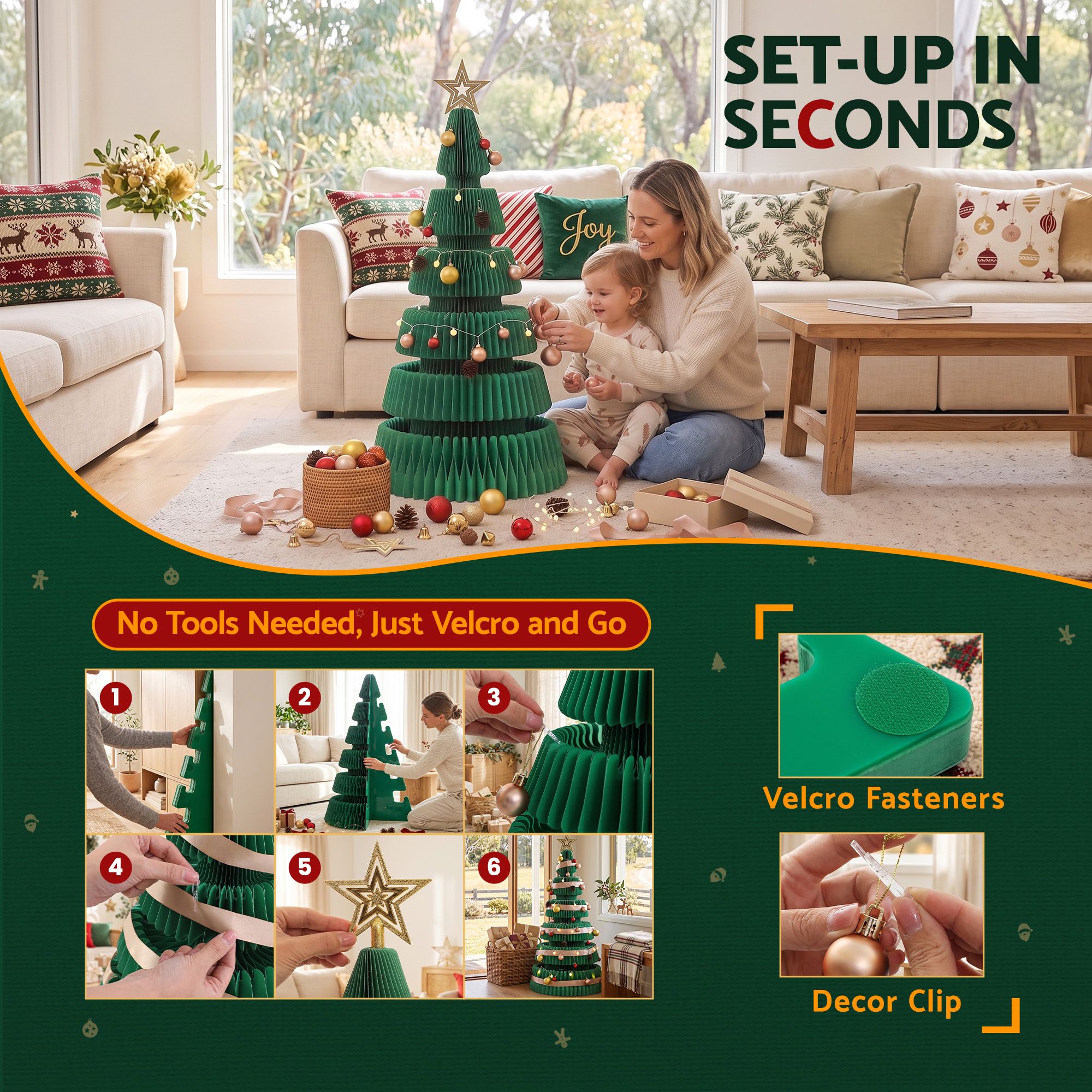111CM Foldable Paper Christmas Tree with LED Lights, Star Topper & Ornament Kit