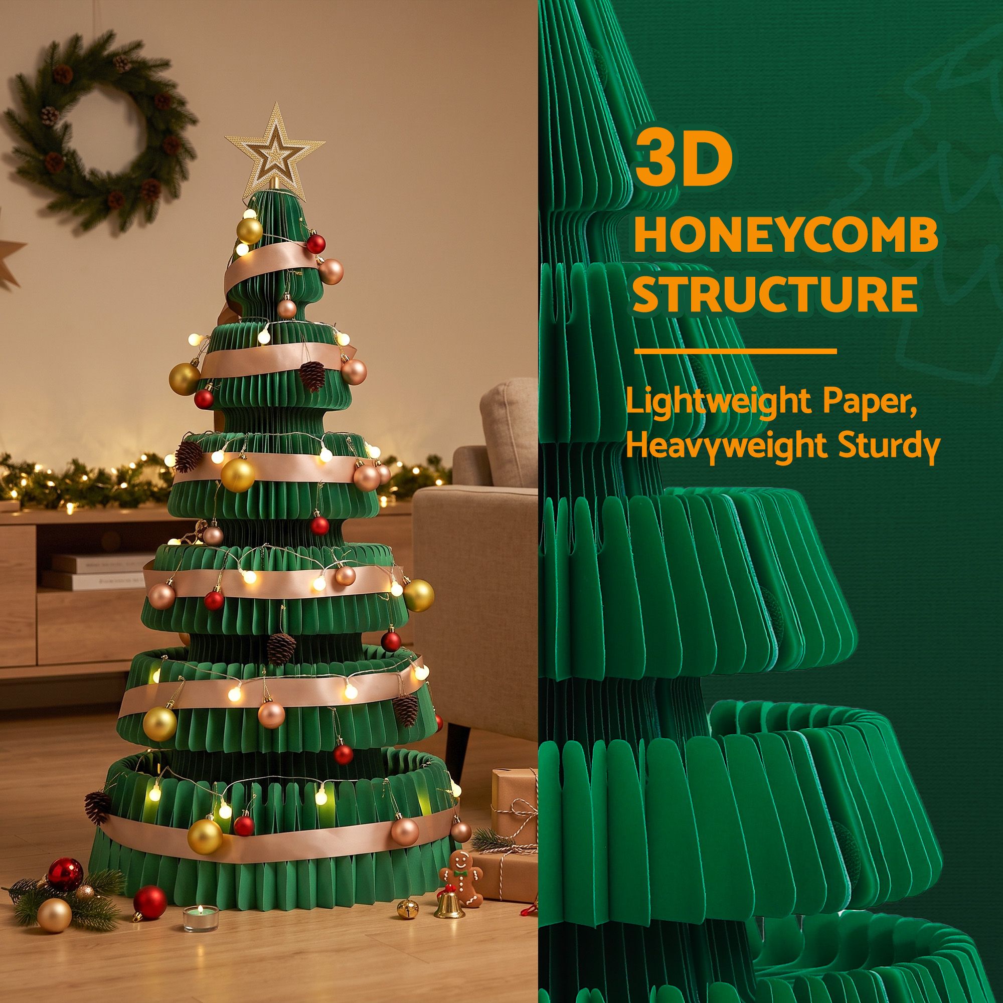 111CM Foldable Paper Christmas Tree with LED Lights, Star Topper & Ornament Kit