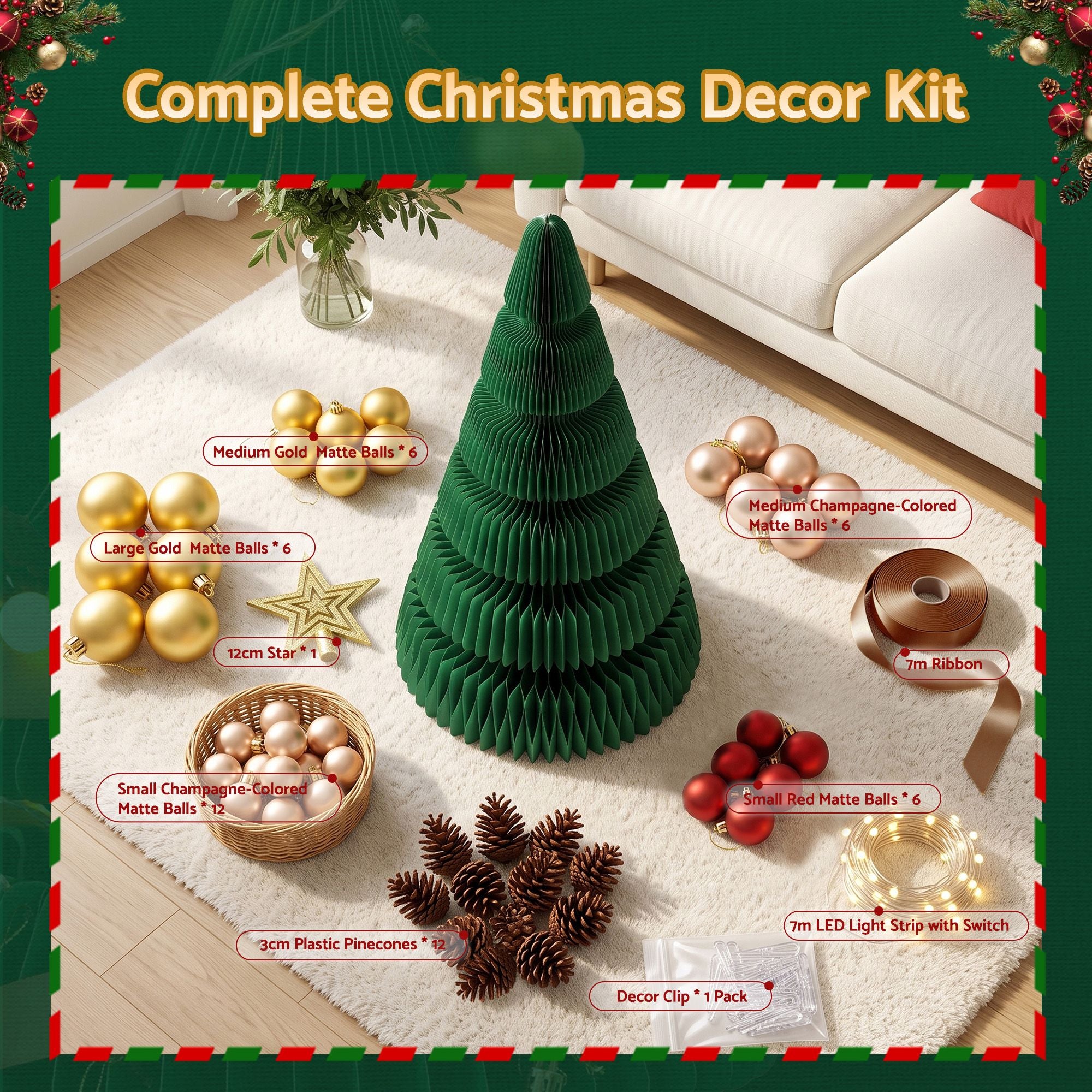 111CM Foldable Paper Christmas Tree with LED Lights, Star Topper & Ornament Kit