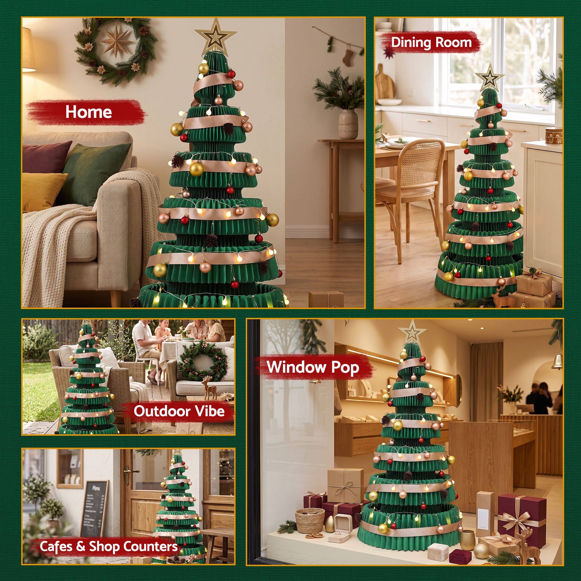 111CM Foldable Paper Christmas Tree with LED Lights, Star Topper & Ornament Kit