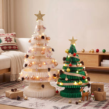 White & Green Honeycomb Paper Christmas Tree Set – 2 Pieces with LED Lights