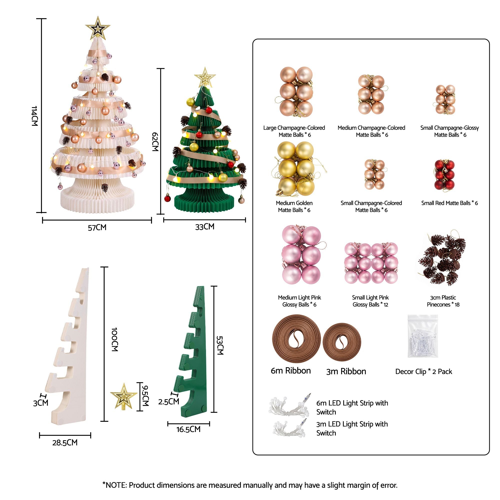 White & Green Honeycomb Paper Christmas Tree Set – 2 Pieces with LED Lights