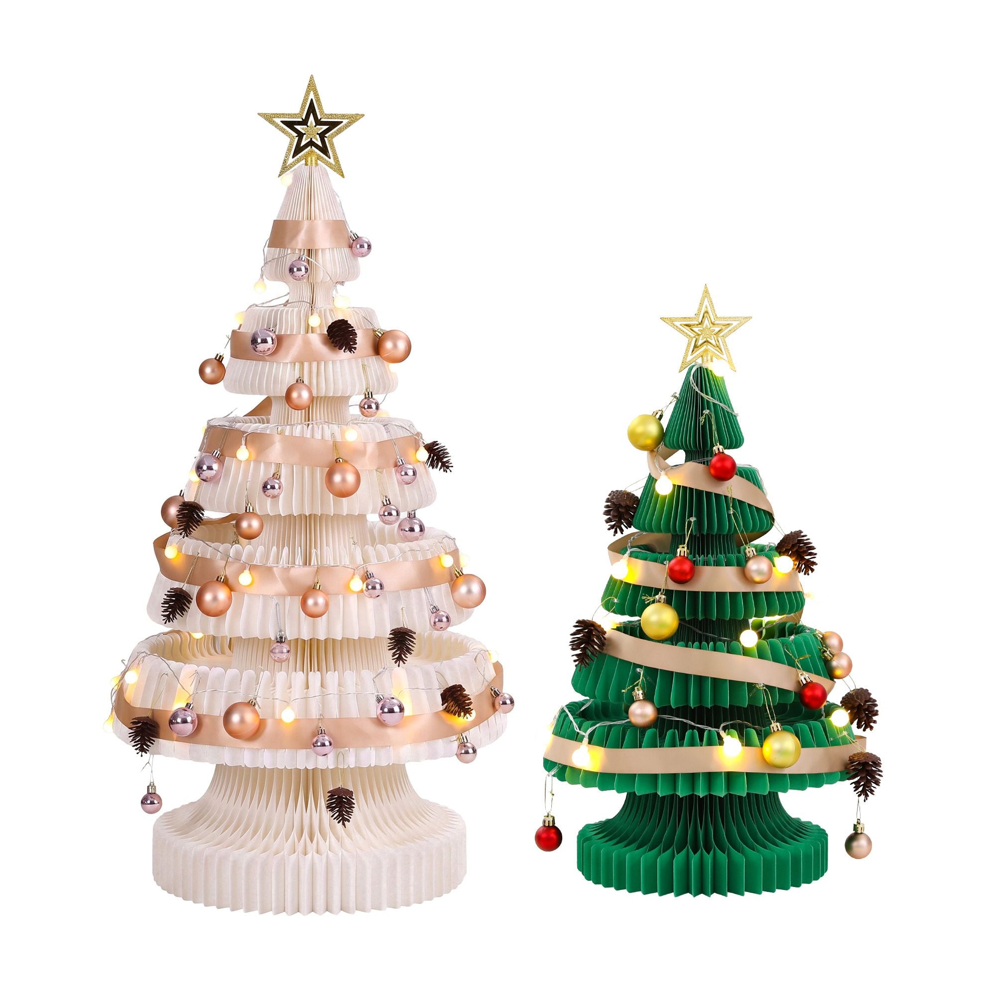 White & Green Honeycomb Paper Christmas Tree Set – 2 Pieces with LED Lights