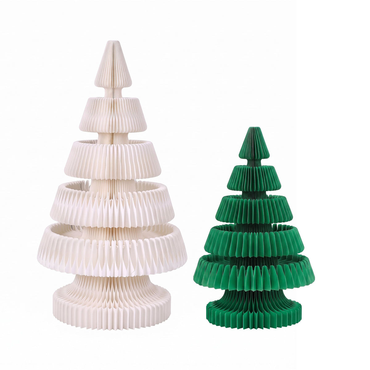 White & Green Honeycomb Paper Christmas Tree Set – 2 Pieces with LED Lights