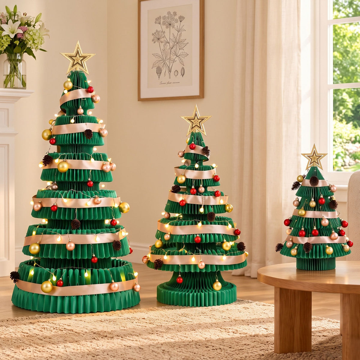 Green Honeycomb Paper Christmas Tree Set – 3 Pieces with LED Lights