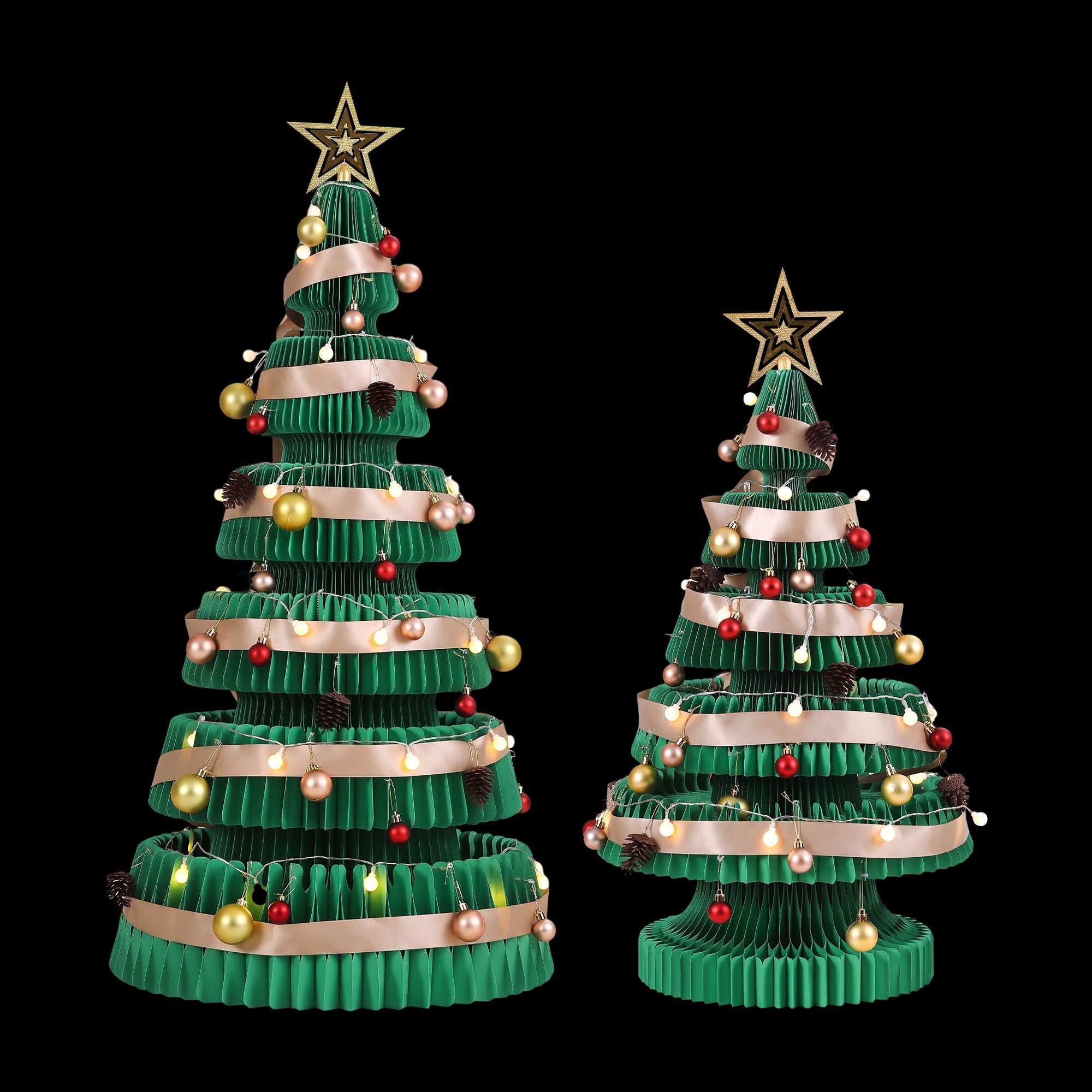Green Honeycomb Paper Christmas Tree Set – 3 Pieces with LED Lights