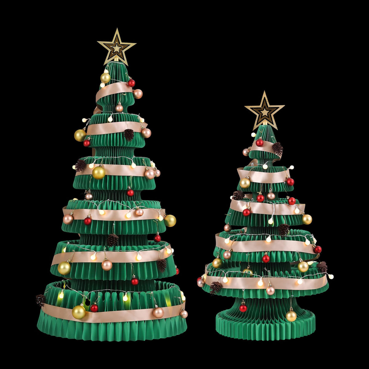 Green Honeycomb Paper Christmas Tree Set – 3 Pieces with LED Lights