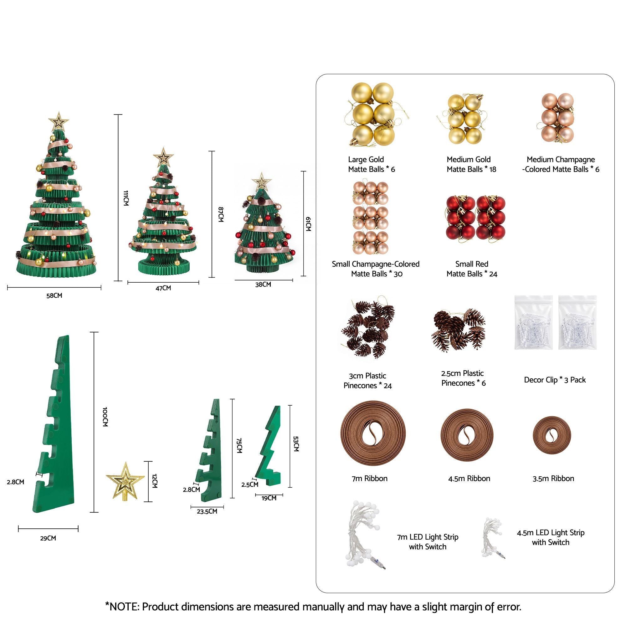 Green Honeycomb Paper Christmas Tree Set – 3 Pieces with LED Lights
