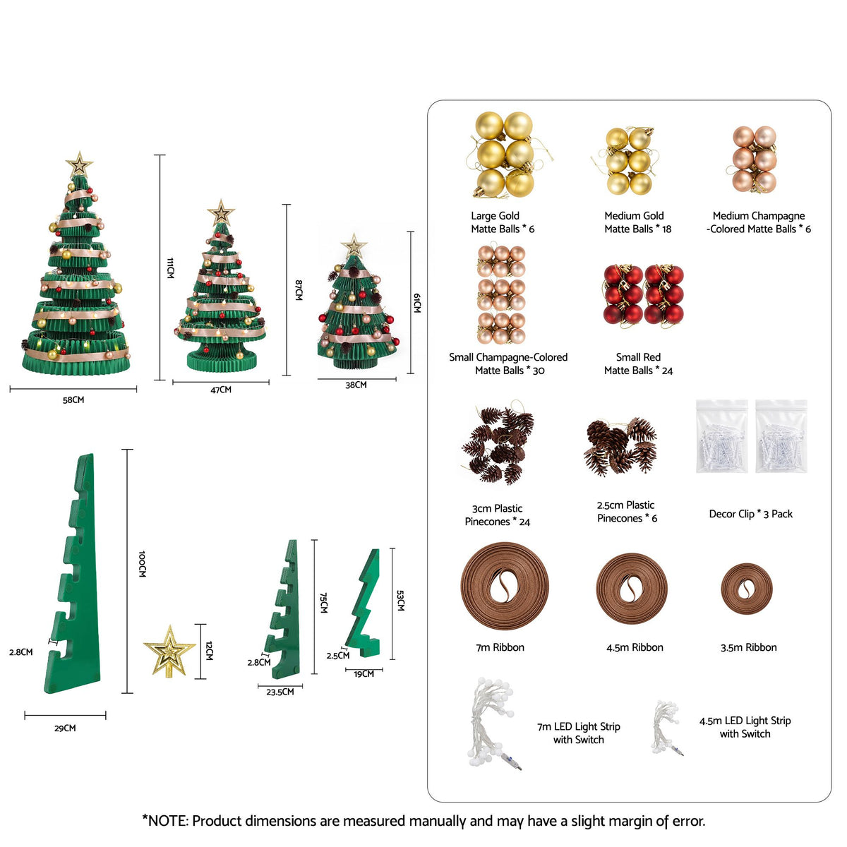 Green Honeycomb Paper Christmas Tree Set – 3 Pieces with LED Lights