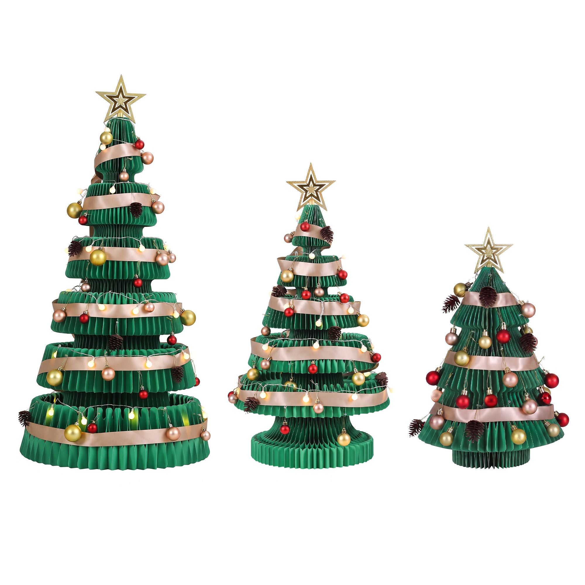 Green Honeycomb Paper Christmas Tree Set – 3 Pieces with LED Lights