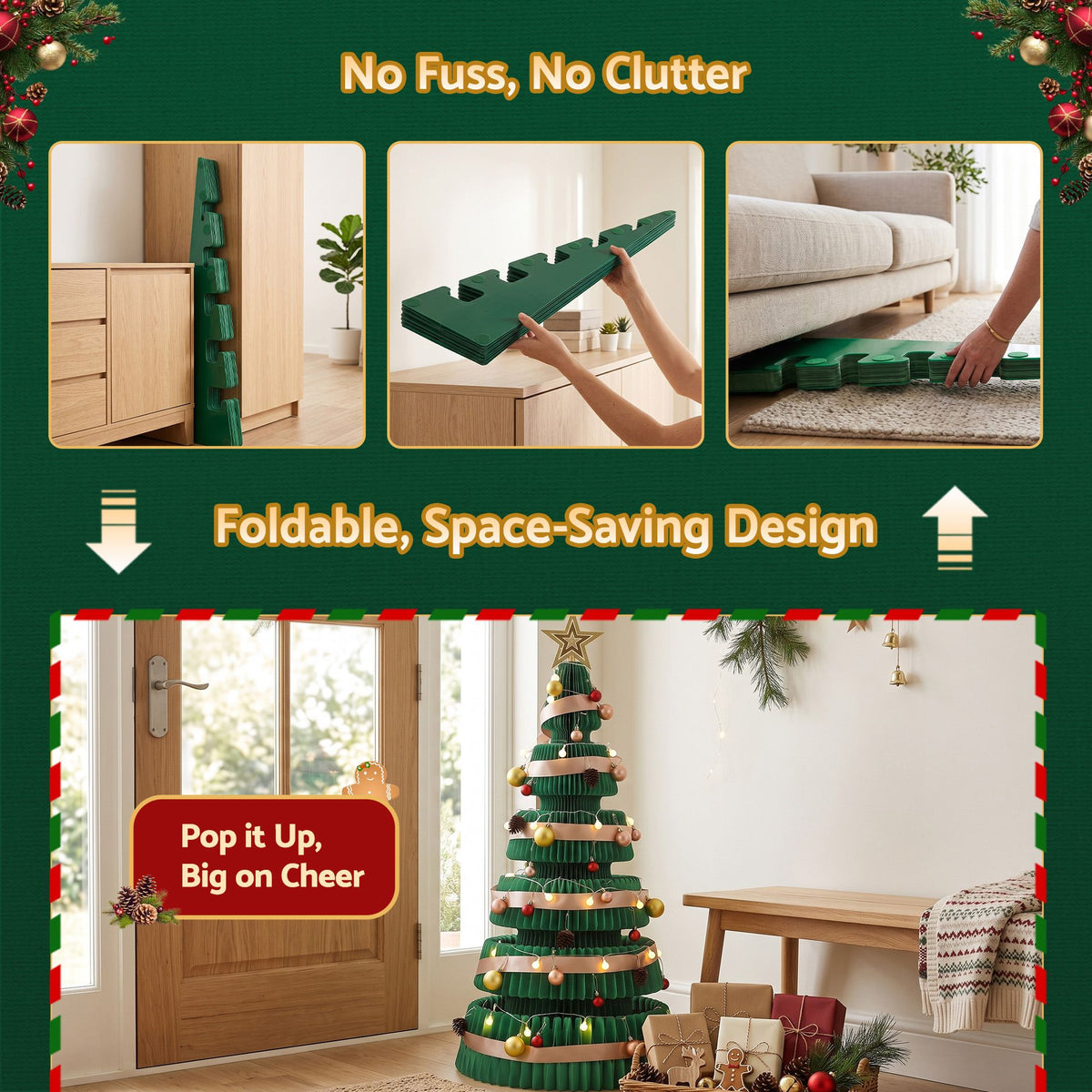 Green Honeycomb Paper Christmas Tree Set – 3 Pieces with LED Lights