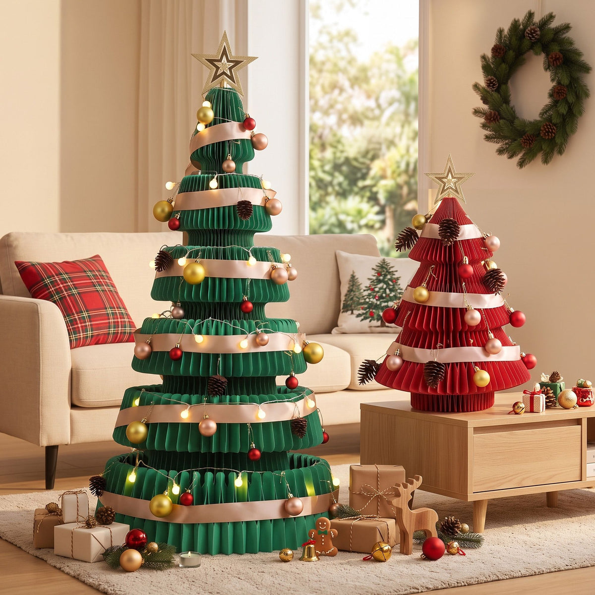 Green & Red Honeycomb Paper Christmas Tree Set – 2 Pieces with LED Lights