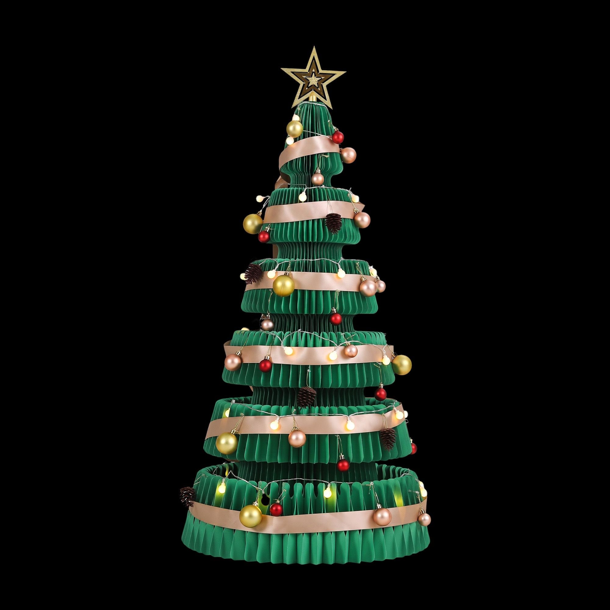 Green & Red Honeycomb Paper Christmas Tree Set – 2 Pieces with LED Lights