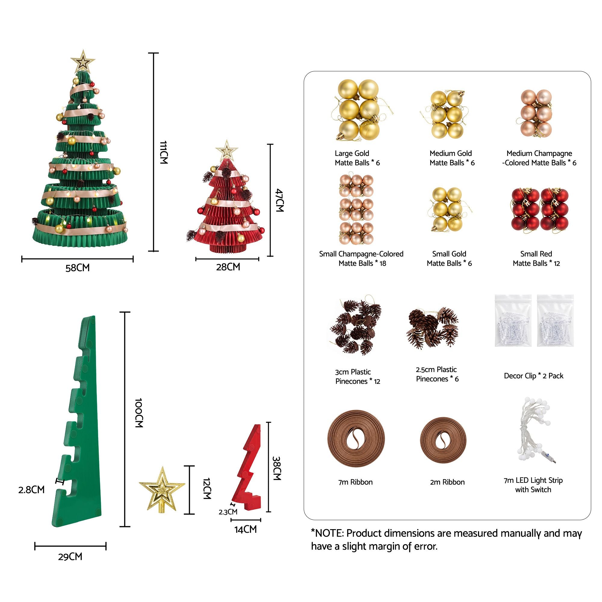 Green & Red Honeycomb Paper Christmas Tree Set – 2 Pieces with LED Lights